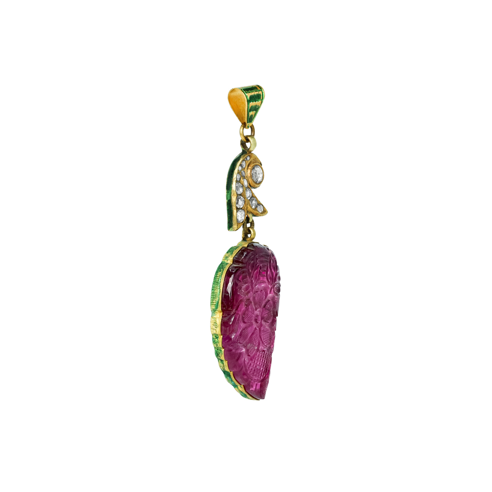 Carved Pink Tourmaline Pendant with Polki and Enamel